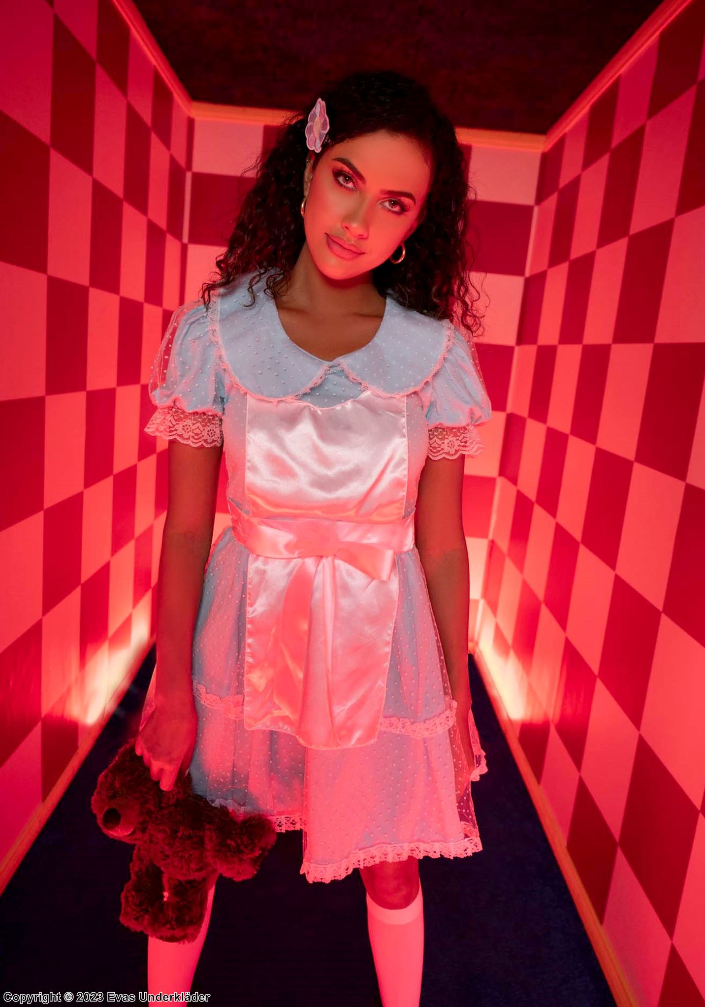 Grady twin from The Shining, costume dress, lace trim, big bow, puff sleeves, small dots
